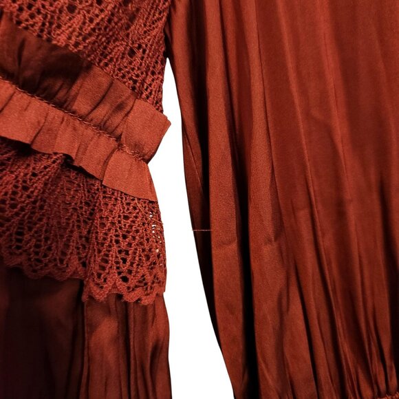 Current Air Rust Satin Mini Dress Size Small Lace Long Sleeves - Picture 3 of 8